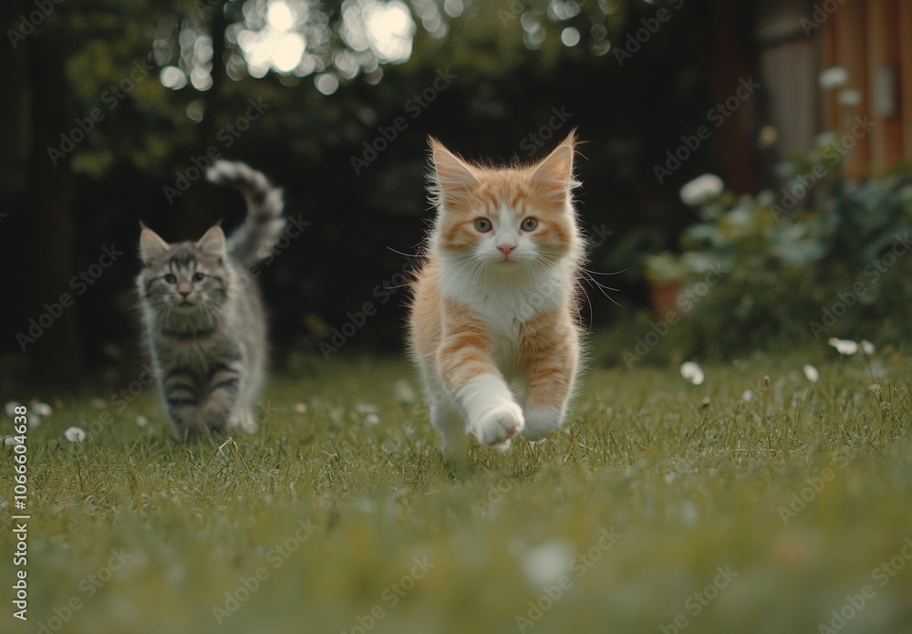 Naklejka premium The two cats run across a meadow on a sunny, warm day in May