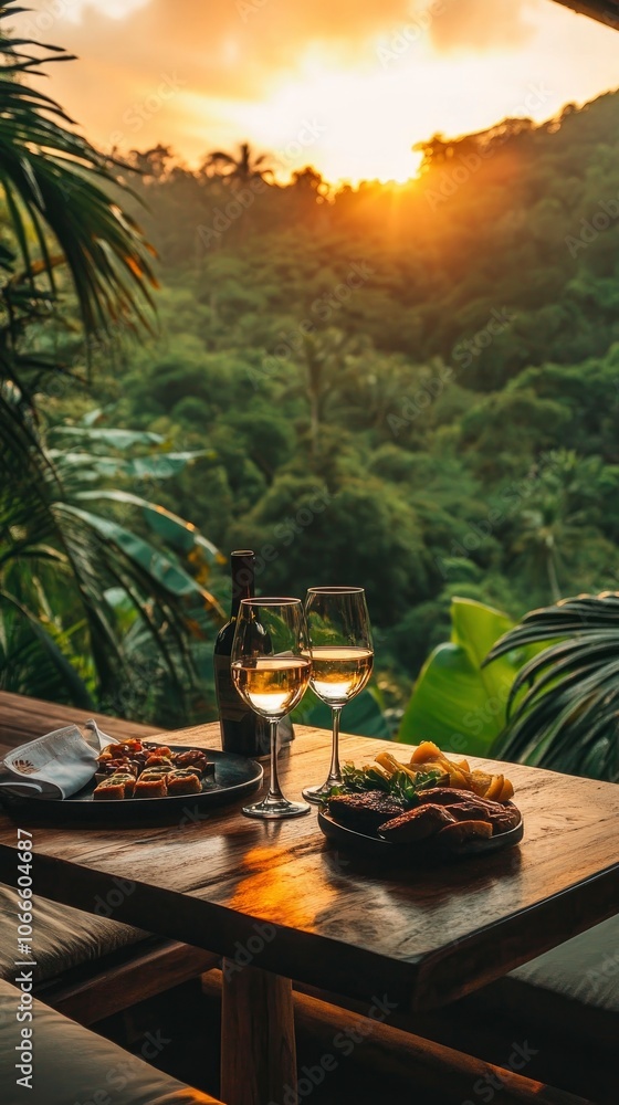 First-person view from a tropical villa overlooking lush jungle scenery, table with two wine glasses First-person view from a tropical villa overlooking lush jungle scenery, table with two wine glasses