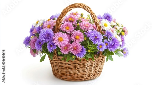 Vibrant aster flowers arranged in a basket on a white background