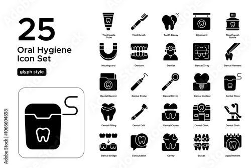 Oral Hygiene Glyph Icon Set: Toothbrush, Dental Tools, and Health Maintenance Icons