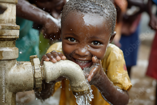 Joyful child drinking clean water from a tap, symbolizing access to safe drinking water, hope, and community support; ideal for humanitarian, charity, and water conservation themes. photo