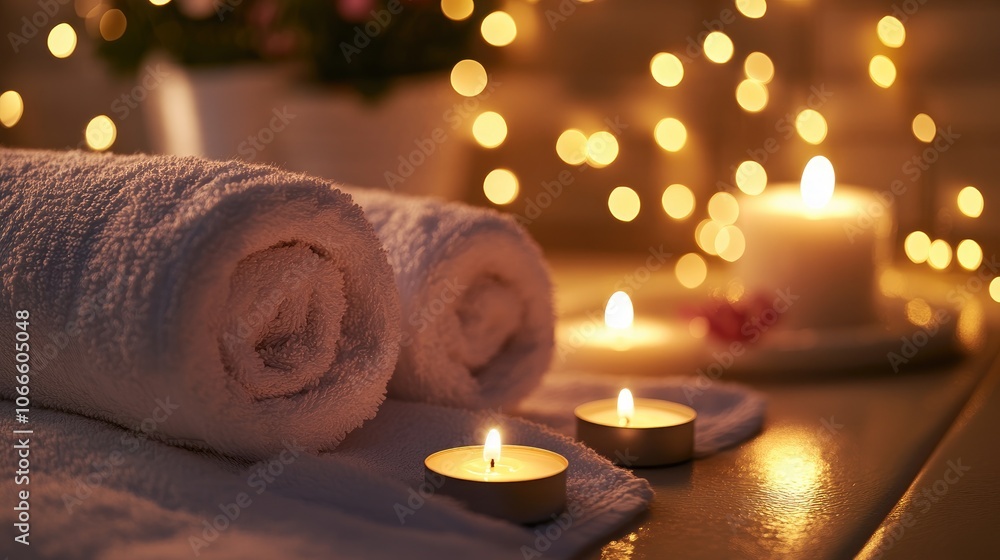 Tranquil spa arrangement featuring candles and towels Tranquil spa arrangement featuring candles and towels