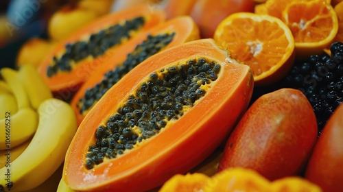 Vibrant and refreshing sliced papaya alongside a variety of other exotic fruits displayed at a bustling market stall photo