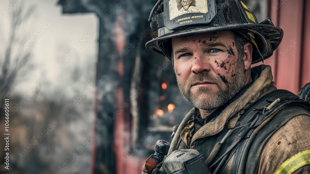 Fototapeta premium Firefighter in full gear, standing in front of a smoldering building