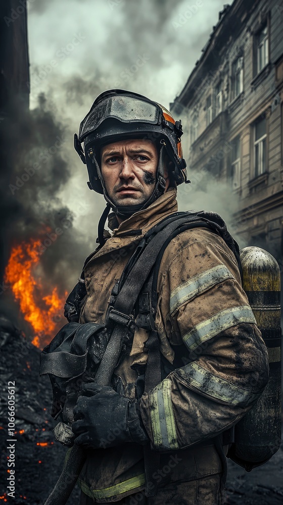 Firefighter in full gear, standing in front of a smoldering building Firefighter in full gear, standing in front of a smoldering building