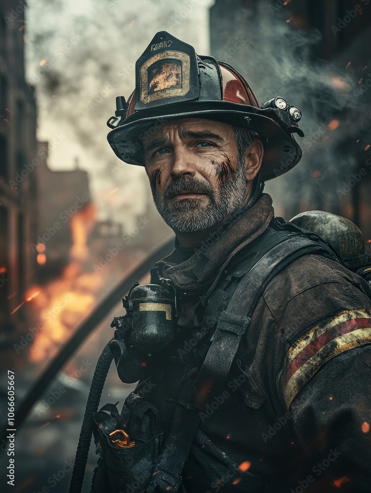 Obraz premium Firefighter in full gear, standing in front of a smoldering building