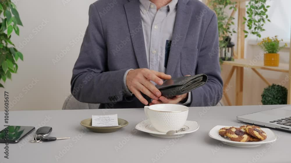 Man sitting at table at cafe restaurant opens wallet and paying bill with cash dollar banknotes. Commercial business payments. Man sitting at table at cafe restaurant opens wallet and paying bill with cash dollar banknotes. Commercial business payments.