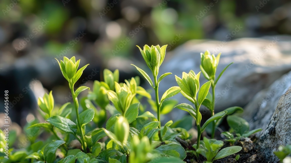 Vibrant green tea buds emerging in a spring garden Vibrant green tea buds emerging in a spring garden