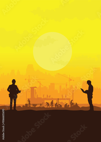 Construction vector background, Worker in a building site, Labour day background.
