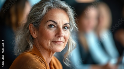 A woman with gray hair and a red sweater is looking at the camera