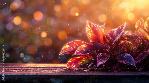 Vibrant foliage featuring variegated leaves in the foreground complemented by a bokeh backdrop set against a wooden platform mockup