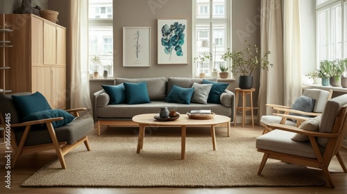 Living Room with Beige Rug, Wooden Furniture, and Teal Pillows