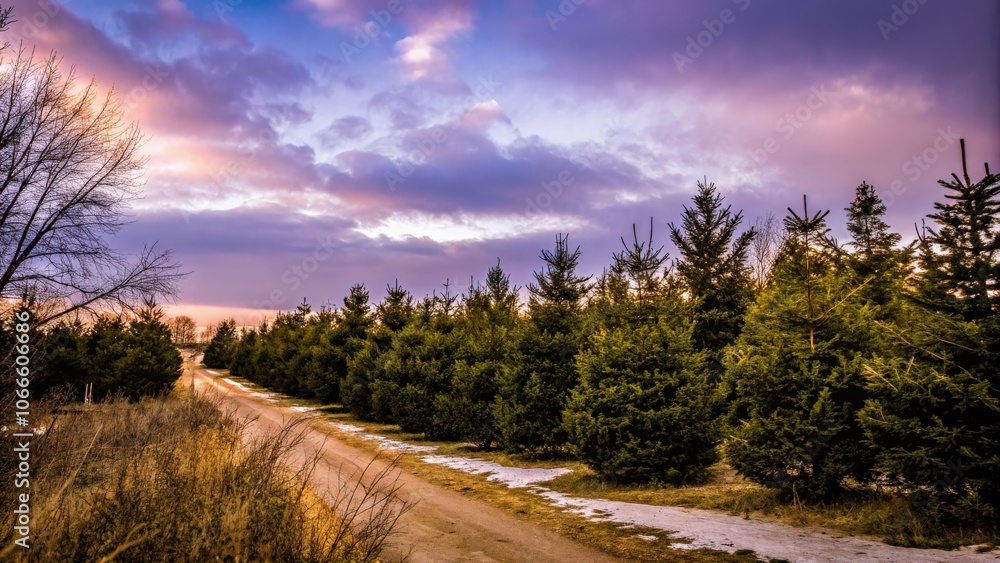 Fototapeta premium Sunset view of a pine tree farm with a path through the trees.