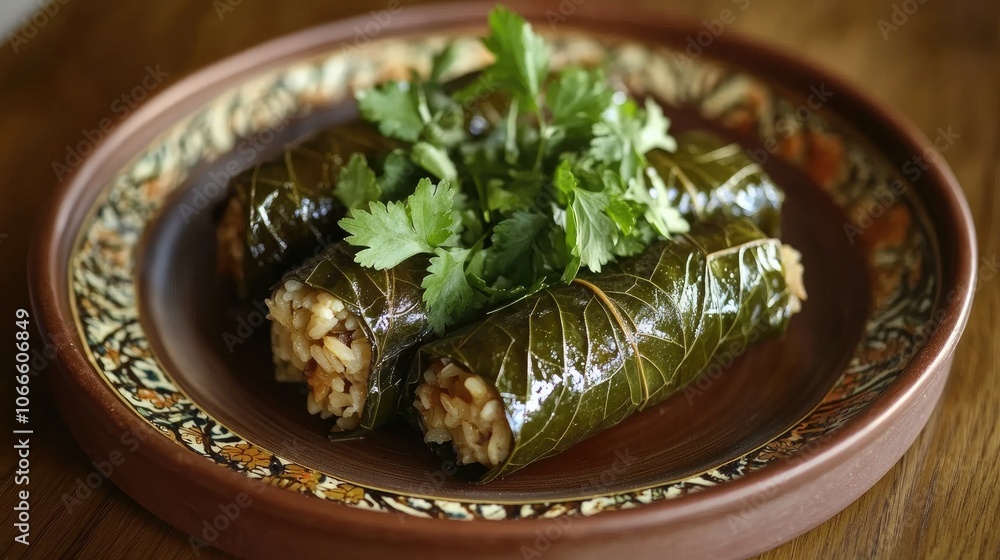 Stuffed vegetable dish featuring rice wrapped in grape leaves garnished with fresh parsley and coriander served on a round brown plate Stuffed vegetable dish featuring rice wrapped in grape leaves garnished with fresh parsley and coriander served on a round brown plate
