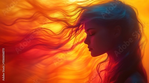 A woman with flowing hair, set against a fiery background, representing passion and energy.