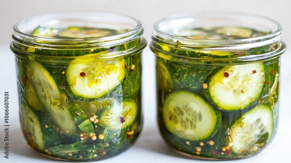 Two tasty marinated pickled cucumbers set against a white background Two tasty marinated pickled cucumbers set against a white background