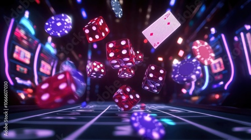 Dynamic 3D casino photo with poker chips, playing cards, and dice flying in mid-air against a dark