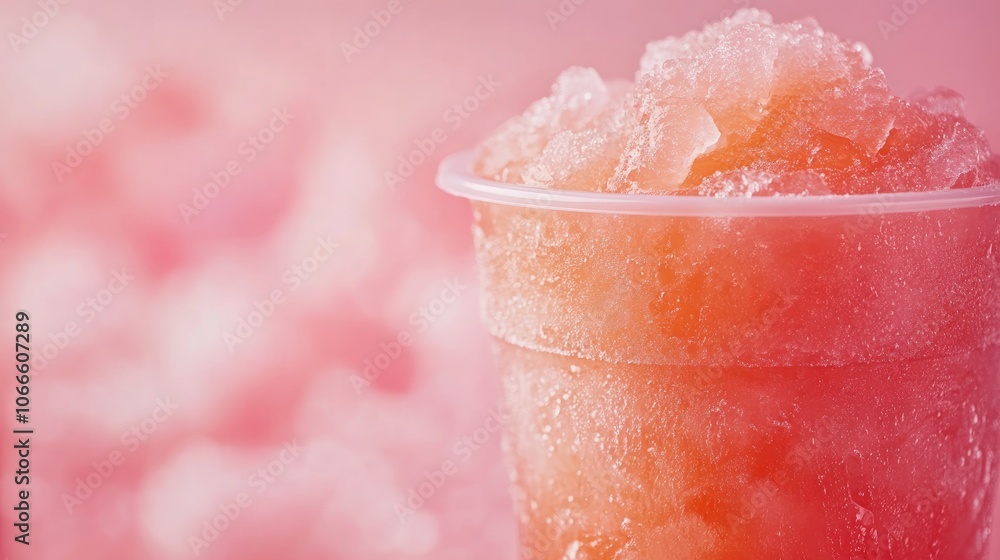 Vibrant slushie in a plastic cup on a soft pink backdrop featuring a refreshing frozen juice cocktail Perfect summer drink with crushed ice ideal for takeout Close up view Vibrant slushie in a plastic cup on a soft pink backdrop featuring a refreshing frozen juice cocktail Perfect summer drink with crushed ice ideal for takeout Close up view