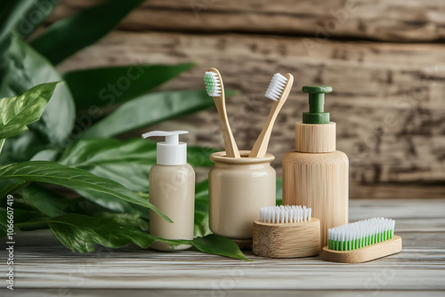 Eco-friendly bamboo bathroom essentials with sustainable toothbrushes, soap dispensers, and brushes; ideal for zero-waste living, green lifestyle, and natural home decor.