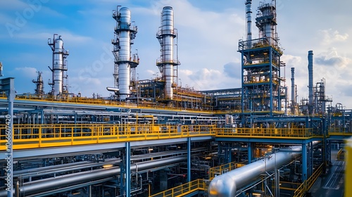 Wallpaper Mural A large industrial plant with many tall towers and a lot of lights. The sky is cloudy and the sun is setting Torontodigital.ca