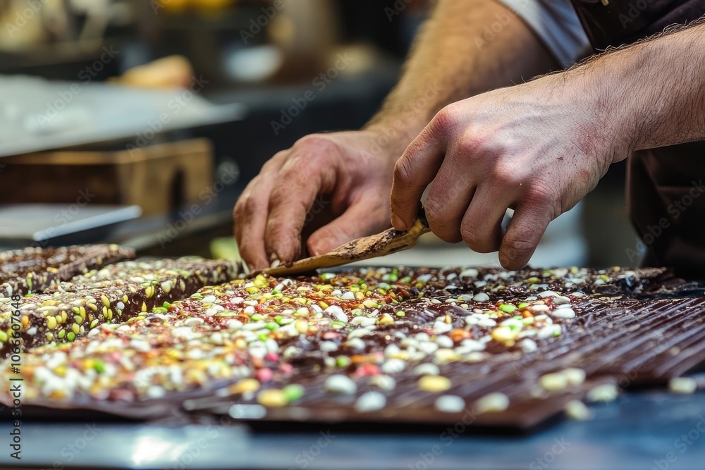 A confectioner using a knife to cut chocolate bars with mixed nuts and candies A confectioner using a knife to cut chocolate bars with mixed nuts and candies