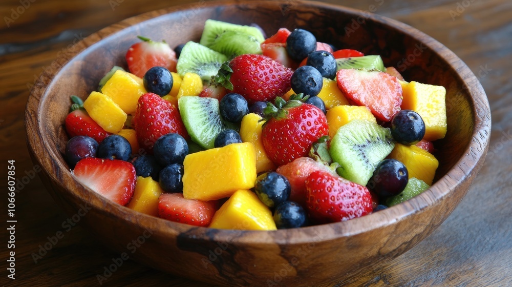 Vibrant fruit salad in a wooden bowl showcasing strawberries mangoes blueberries and kiwis ideal for nutritious snacks Vibrant fruit salad in a wooden bowl showcasing strawberries mangoes blueberries and kiwis ideal for nutritious snacks