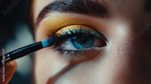 Close-up of an Eye with Golden and Blue Glitter Eye Shadow