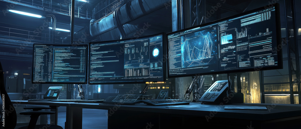 Industrial Control Room with Data Monitors Industrial Control Room with Data Monitors