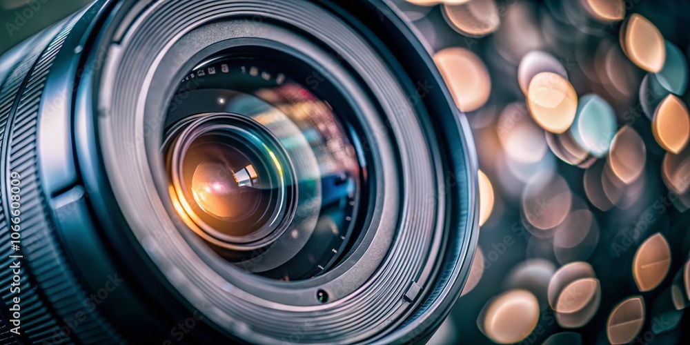 Close-Up of Modern Optical Lens with Reflections for Photography and Filming Equipment, Showcasing Camera Technology and Details in a Professional Setting Close-Up of Modern Optical Lens with Reflections for Photography and Filming Equipment, Showcasing Camera Technology and Details in a Professional Setting