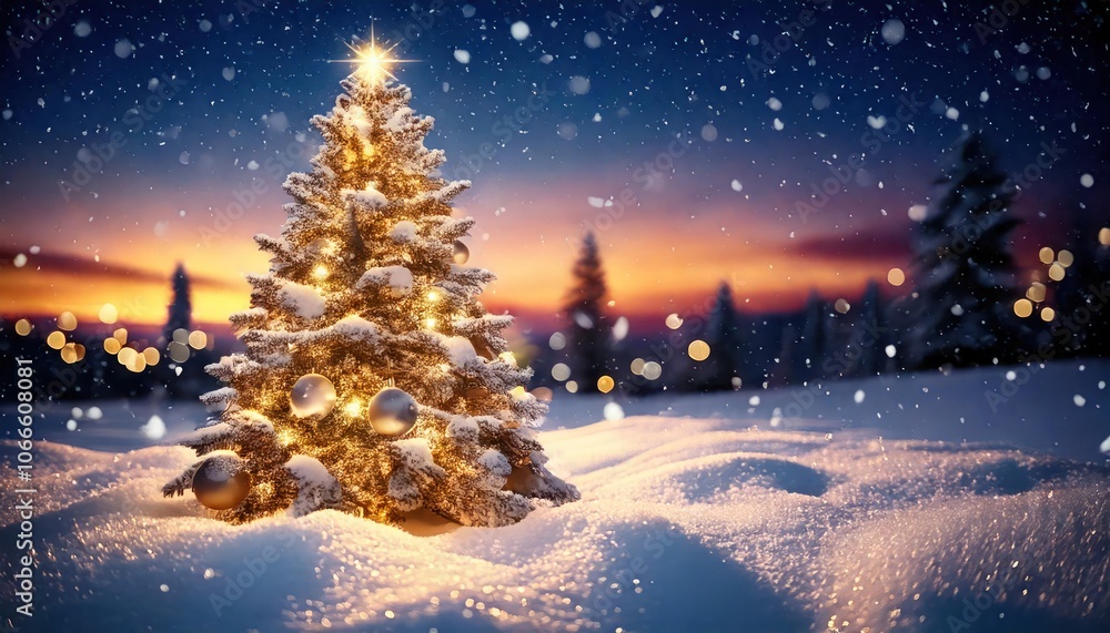 snowy Christmas tree decorated with golden balls in snowdrifts, snowdrifts on nature snowy Christmas tree decorated with golden balls in snowdrifts, snowdrifts on nature