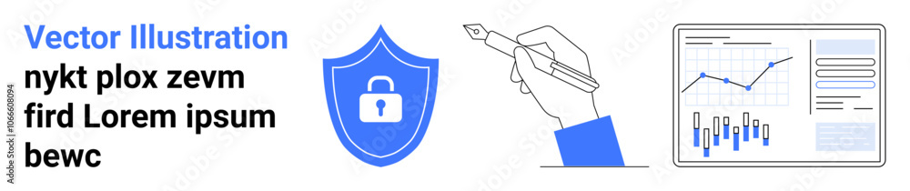 Shield with lock icon, hand writing with pen, bar and line chart. Ideal for data security, analytics, documentation, digital protection, statistical analysis, financial reports, business landing page Shield with lock icon, hand writing with pen, bar and line chart. Ideal for data security, analytics, documentation, digital protection, statistical analysis, financial reports, business landing page