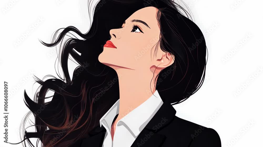 A woman with long, dark hair gazes upwards, her red lips slightly parted. She is wearing a black suit jacket and a white collared shirt A woman with long, dark hair gazes upwards, her red lips slightly parted. She is wearing a black suit jacket and a white collared shirt
