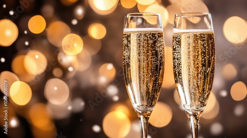 Two champagne glasses poised for celebration with a bokeh backdrop photo