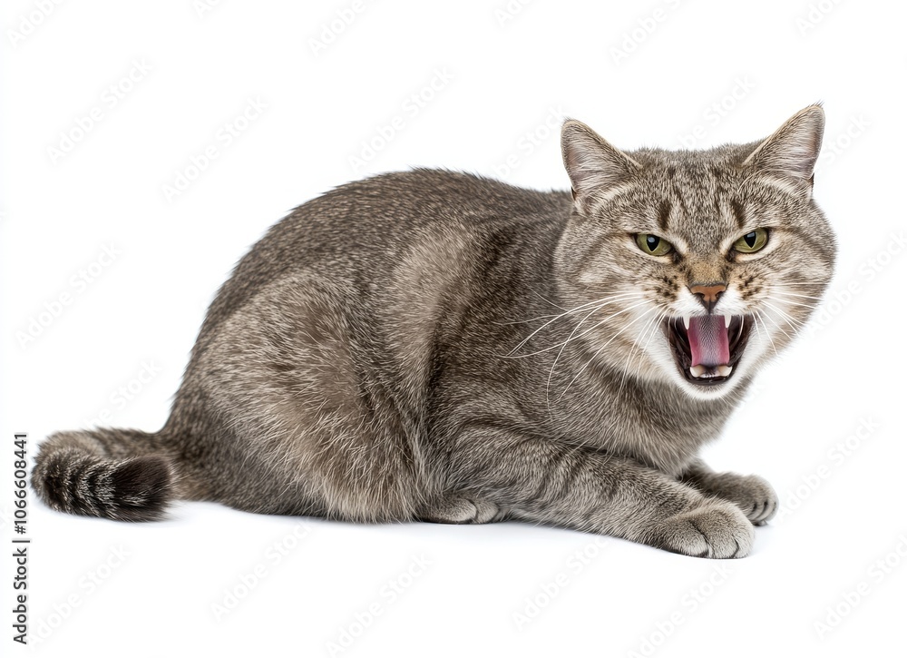 Obraz premium Licking its lips is a gray tabby domestic shorthair cat