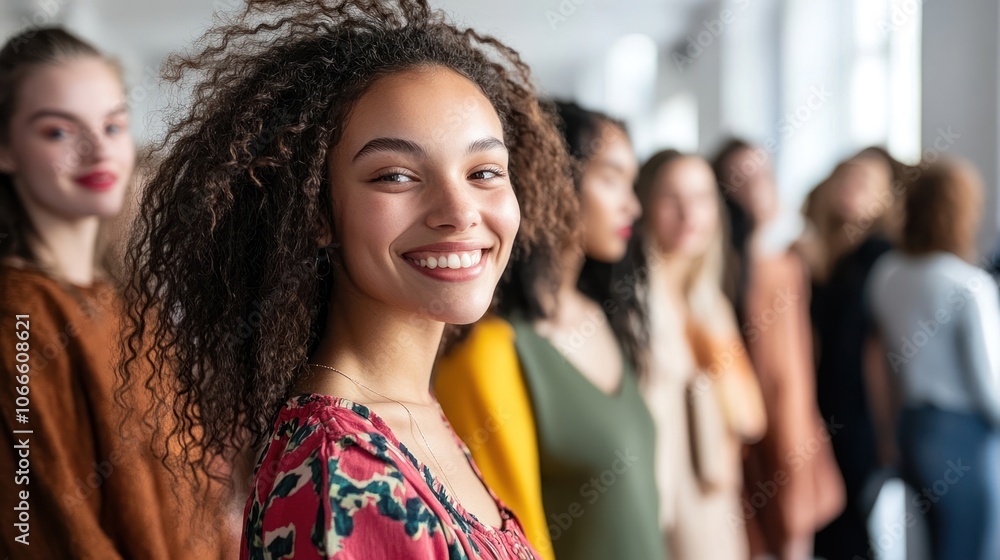 A Smiling Woman with Curly Hair in a Group of People