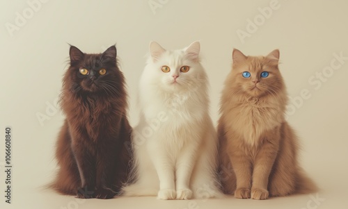 Three cats with long, fluffy fur, against a plain light beige background photo