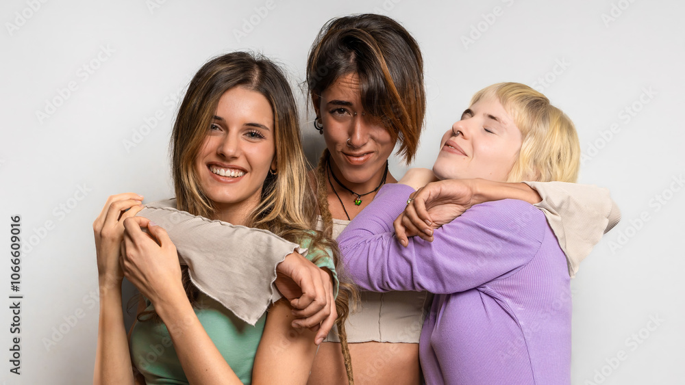 Diverse young friends laughing authentic style portrait nonbinary queer joyful natural genuine expression Diverse young friends laughing authentic style portrait nonbinary queer joyful natural genuine expression