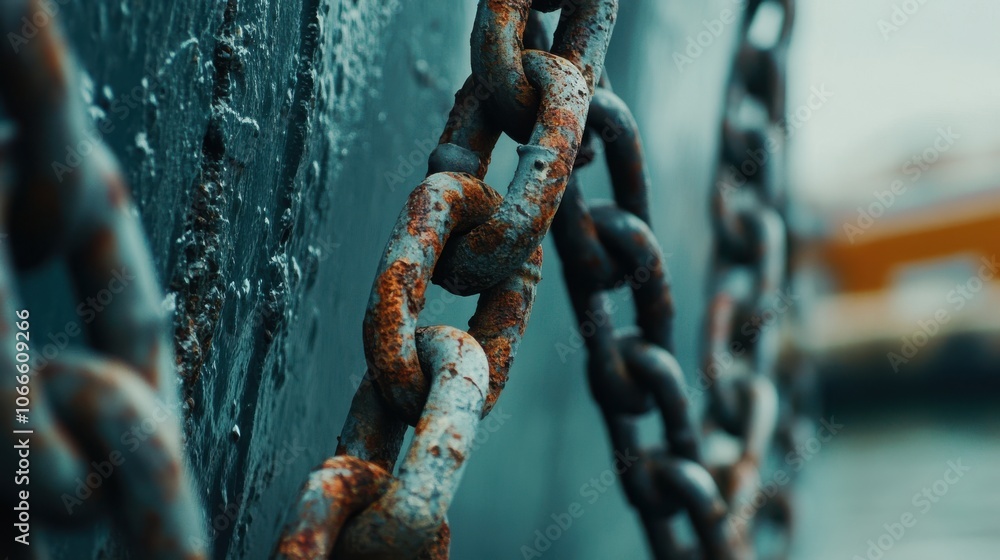 Chains are closely arranged on a dock, showcasing significant rust and wear. The dull colors reflect exposure to harsh maritime elements. Chains are closely arranged on a dock, showcasing significant rust and wear. The dull colors reflect exposure to harsh maritime elements.