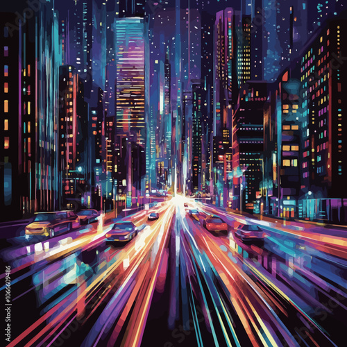 Night city with high skyscrapers and light trails. Vector illustration