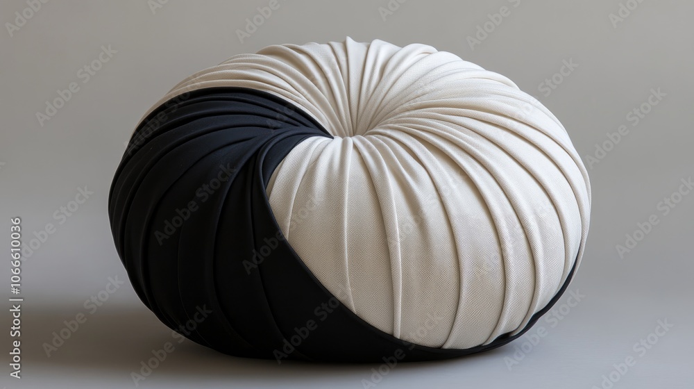 A round, white and black cushion with a swirl design sits on a light gray background. A round, white and black cushion with a swirl design sits on a light gray background.