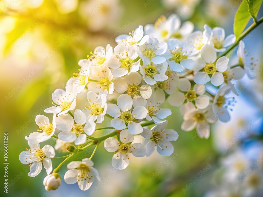 Delicate white blossoms of the bird cherry tree, a springtime floral spectacle. Delicate white blossoms of the bird cherry tree, a springtime floral spectacle.