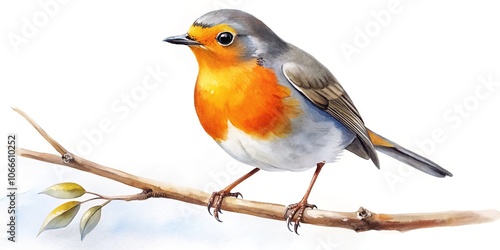 Delicate robin silhouette, painted in gouache, a charming winter clipart.