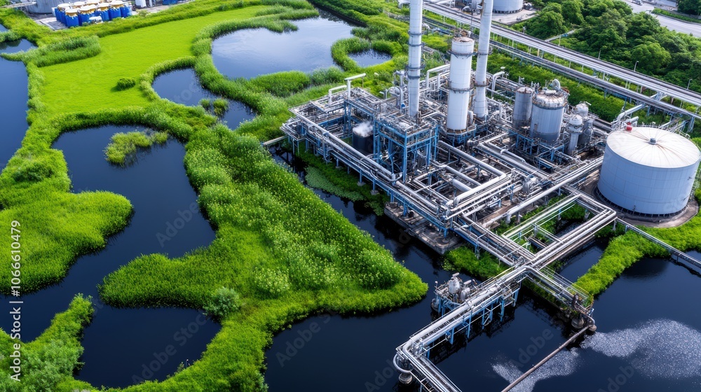 Fototapeta premium The contrast between thriving wetlands and industrial landscapes