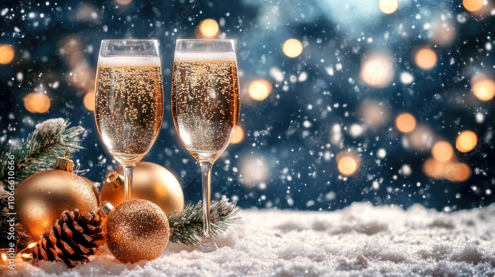 Two champagne glasses filled with sparkling wine against a festive winter backdrop featuring bokeh lights Two champagne glasses filled with sparkling wine against a festive winter backdrop featuring bokeh lights
