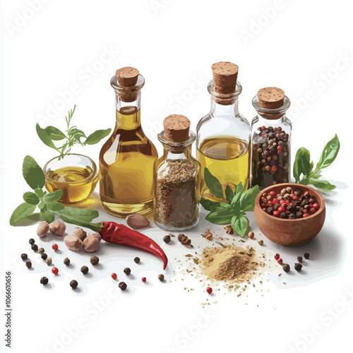 Olive oil in glass bottles with spices and herbs on white background