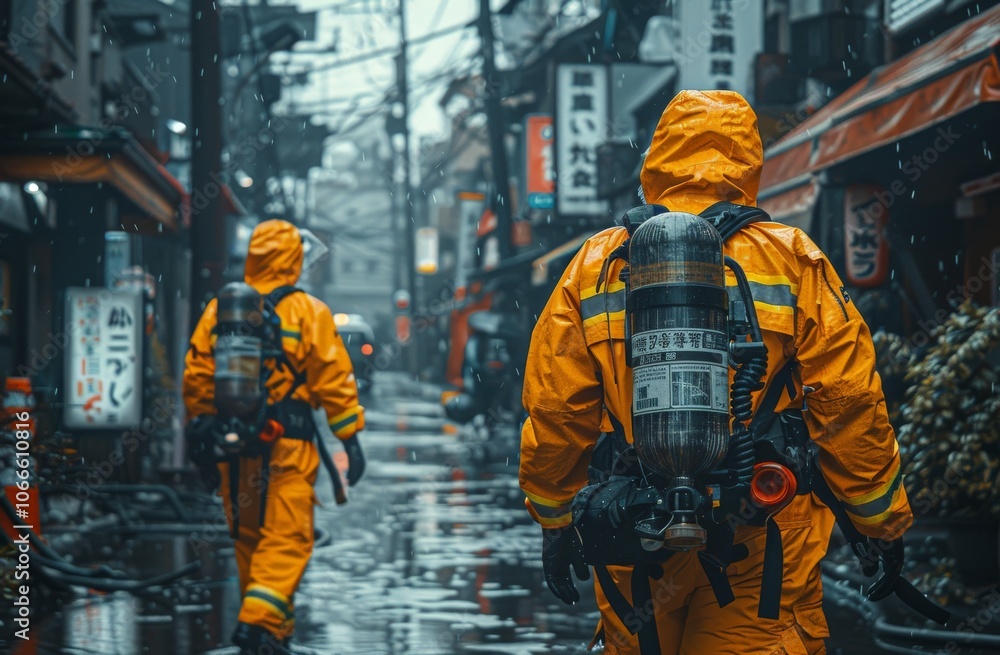 Two firefighters in bright gear navigate a rainy street, showcasing their preparedness and dedication to handling emergencies in challenging conditions. Two firefighters in bright gear navigate a rainy street, showcasing their preparedness and dedication to handling emergencies in challenging conditions.