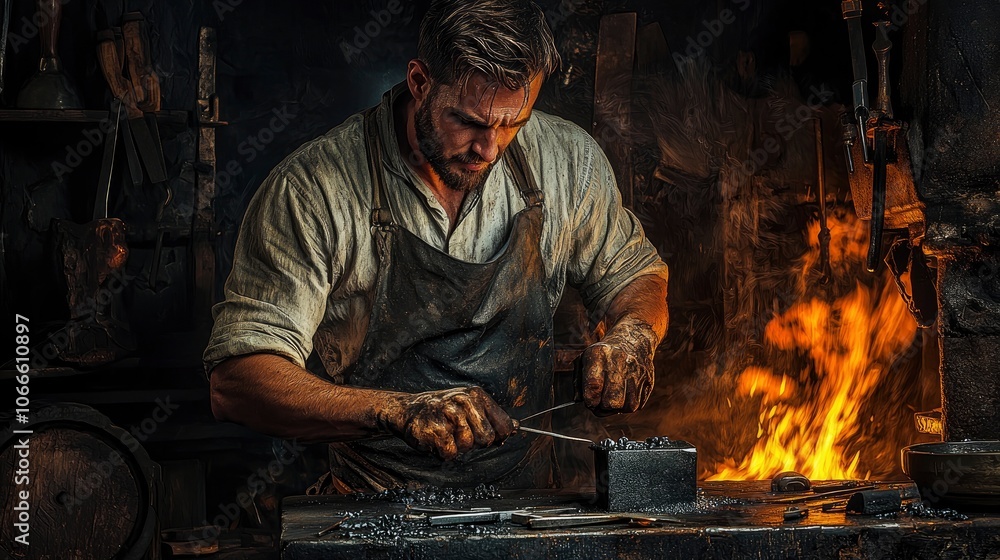 Blacksmith in a dimly lit forge, hammering hot metal on an anvil, fire glowing in the background Blacksmith in a dimly lit forge, hammering hot metal on an anvil, fire glowing in the background