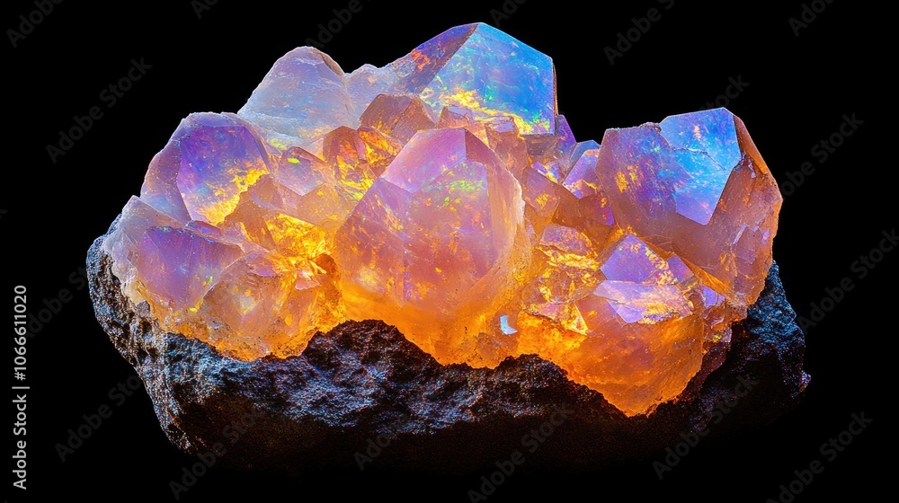 Vibrant and luminous sunset fire opal crystal cluster backdrop Detailed macro of the jewel mineral