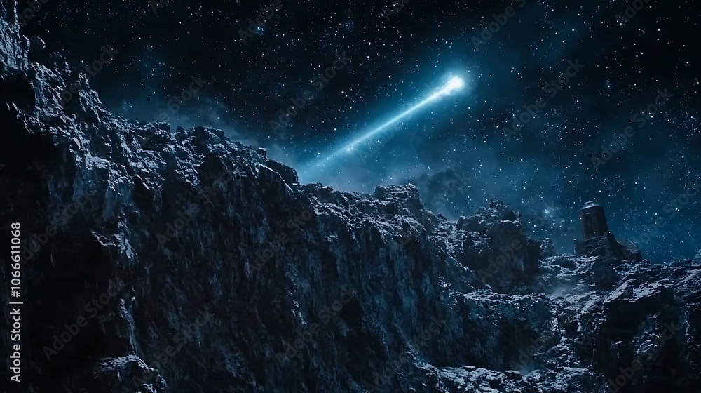 A Bright Comet Streaks Across a Starry Sky Above a Rocky Landscape A Bright Comet Streaks Across a Starry Sky Above a Rocky Landscape
