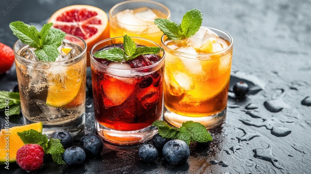 Variety of cocktails served in glasses with ice garnished with fruits and fresh mint leaves Variety of cocktails served in glasses with ice garnished with fruits and fresh mint leaves